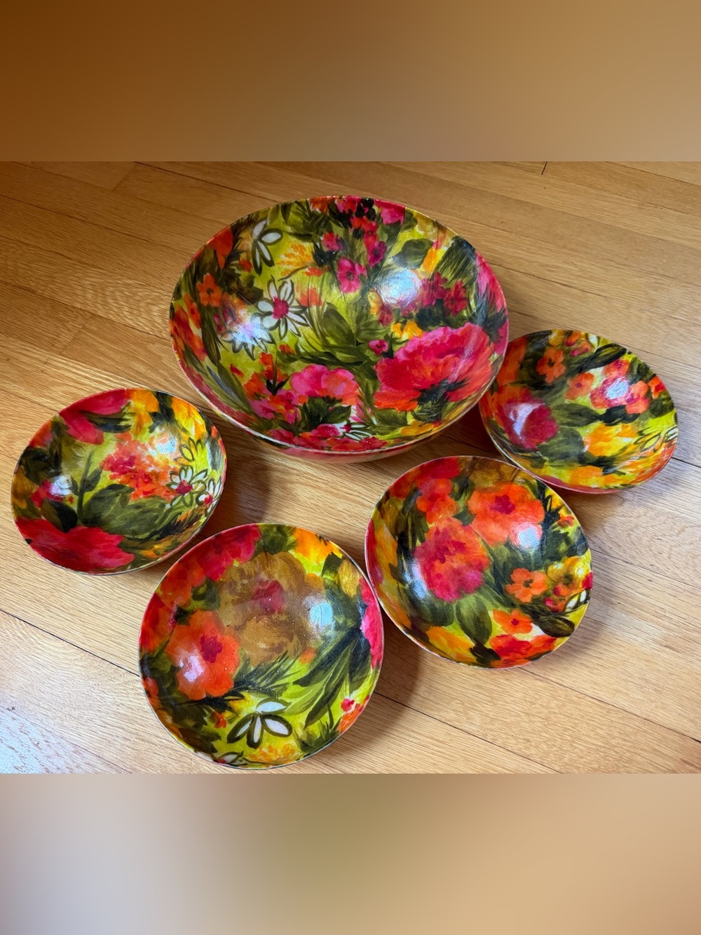 Mid Century Modern Fiberglass 1960’s Salad Bowl Set Red, Yellow and Orange